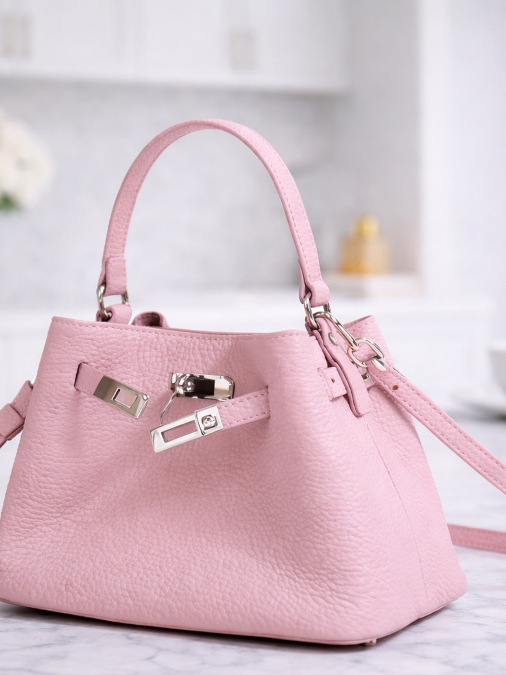 Soft Pink Leather Mini Top-Handle Bag with Silver Hardware